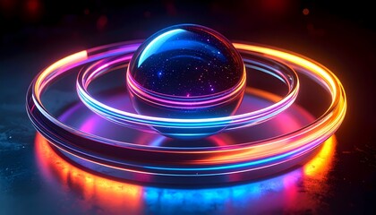 Vibrant neon-lit sphere centered within glowing concentric rings on a dark reflective surface, creating a futuristic abstract design.