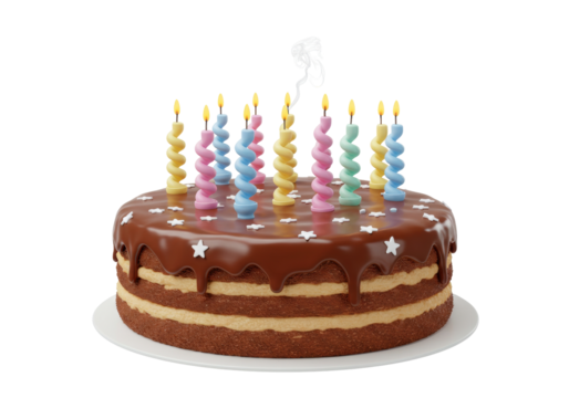 Isolated birthday cake with candles and chocolate frosting, multi layered party dessert