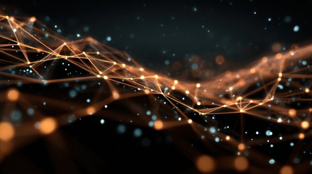 Abstract digital network illustration featuring glowing orange and blue lines interconnected in a wave-like pattern, representing technology and data flow in a modern environment