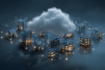 Cloud technology, computing. Devices connected to digital storage in the data center via the Internet, IOT, Smart Home Communication laptop, tablet, phone home devices with an online. Generative AI