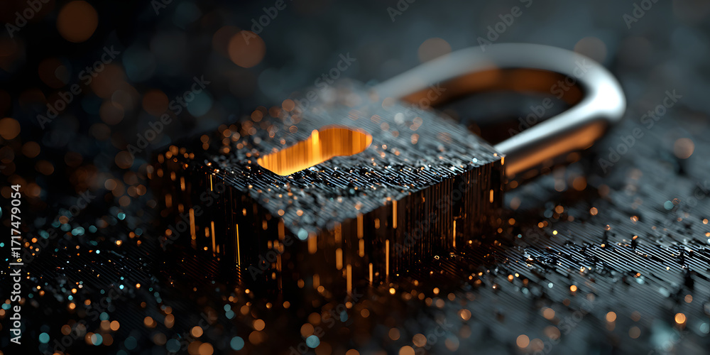 Poster internet safety visualized by a padlock on data theft graphics. generative ai
