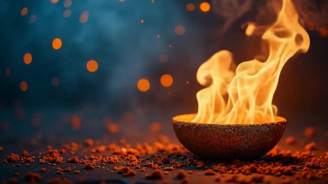 Maha Shivratri, Hindu festival celebrated of Shiva Lord. A close-up of a traditional Indian clay diya with bright flames, symbolizing Diwali or Hindu rituals and celebrations. Warm, festive atmosphere