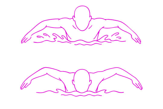 Minimalist black and white line art illustration of a swimmer practicing butterfly breathing and head lifting above water during arm pull