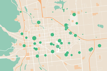 Stylized City Map with Green Circles Indicating Points of Interest urban street map of