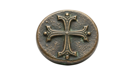 Closeup of a byzantine bronze coin featuring a cross, isolated on transparent background a relic of faith and ancient craftsmanship