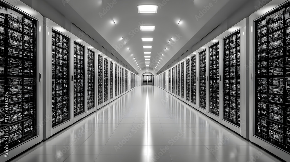 Poster the pulse of ai: server racks, the unseen powerhouse of neural networks, hidden in the depths of a d