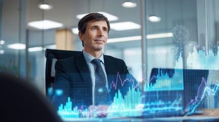 Caucasian investor analyzing digital portfolio charts in modern office for risk management strategy