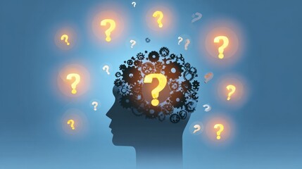 Silhouette of a human head with gears, question marks, and lightbulbs symbolizing creative thinking