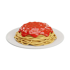 3D Render of Spaghetti with Tomato Sauce on a White Plate Against an Orange and White Gradient Background for Food Advertisement Packaging