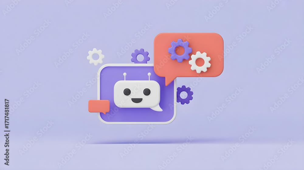 Poster a 3d model of a chatbot icon speech bubble with gears providing customer support.