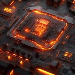 Close-up of a glowing circuit board with a central processor.  Intricate details of dark metal and vibrant orange light highlight the technology