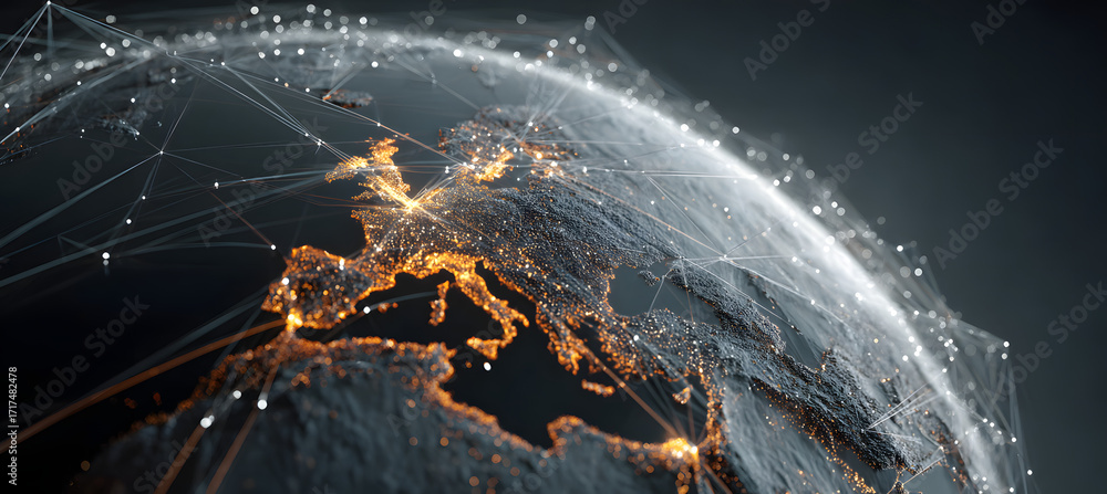 Poster interconnected communication lines on a globe symbolizing global reach instant online connections