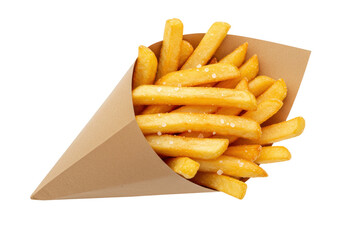 Isolated crispy French fries in brown paper cone, delicious snack or street food