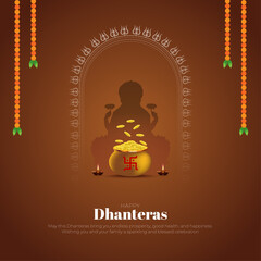 Happy Dhanteras post and greeting card, Dhanteras Festival Background, Indian Traditional Diwali Celebration with Gold, Coins, Oil Lamps, and Decorative Lights , vector illustration