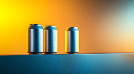 Fototapeta premium Three metallic cans are illuminated by vibrant lighting in a creative display setting