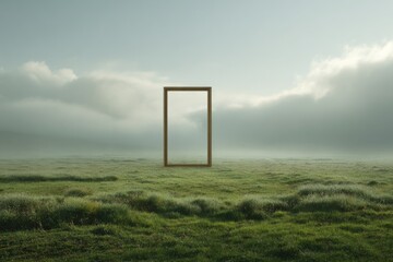 window frame in middle of meadow, surreal minimal dreamy stock photo