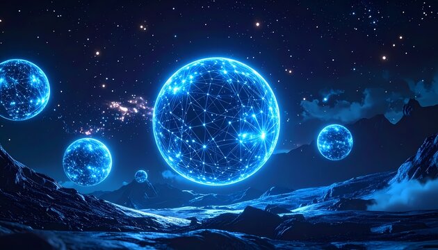 Futuristic digital network spheres glowing with interconnected lines above a dark, rocky alien landscape under a starry night sky, representing advanced technology and cosmic connections.