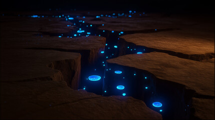 Ancient frozen soil cracks open with ethereal, glowing CO2 bubbles escaping into the atmosphere.