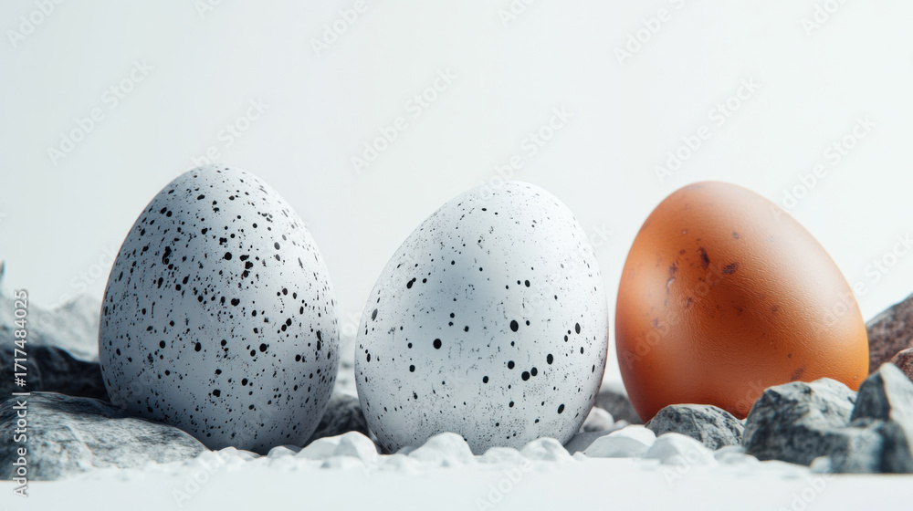 Poster beautifully arranged speckled and solid eggs resting on grey stones, creating a fresh and minimalist