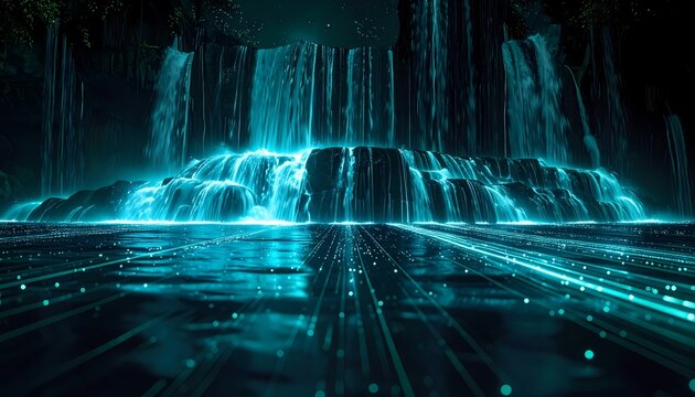 Ethereal blue glowing waterfall cascading over illuminated tiers with reflective water surface and digital light trails.