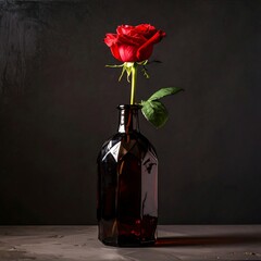 Red rose in dark bottle