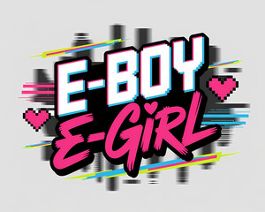 E-boy and e-girl neon typography sticker with urban cityscape and pixelated hearts