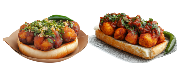 Authentic Indian Vada Pav with Crispy Batata Vada, Soft Pav, Spicy Chutneys and Fried Chili Served Traditionally