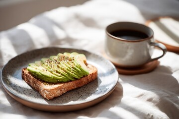 breakfast scene with avocado toast and coffee, bright natural morning light