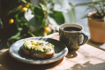 breakfast scene with avocado toast and coffee, bright natural morning light