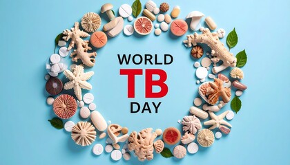 Circular arrangement of various objects, including pills, fruits, and natural items, surrounding the text "WORLD TB DAY."  A light blue background