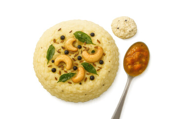 Fototapeta premium Delicious South Indian Ven Pongal with chutney isolated on transparent background