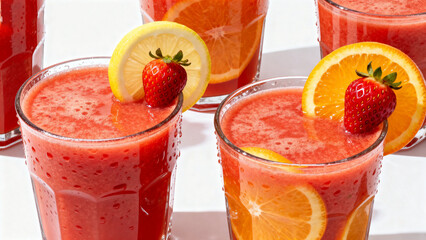Fresh strawberry and citrus smoothies served in glasses with fruit garnishes