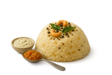 Traditional South Indian Ven Pongal with chutneys, isolated on transparent background