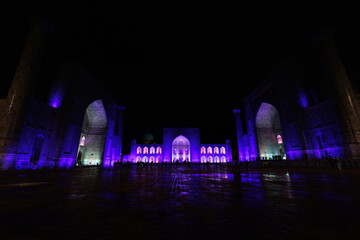 Illuminated Registan Square at Night, Samarkand Uzbekistan