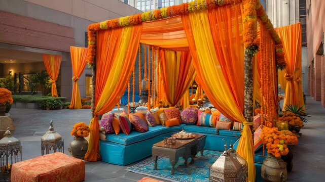 Traditional mehndi night decor with low seating, marigold flowers, vibrant drapes and lantern lights in an outdoor courtyard