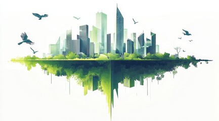 Obraz premium Floating cityscape with modern skyscrapers reflected in water, surrounded by greenery and birds in flight