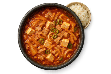 Traditional Korean Kimchi Jjigae with rice isolated on transparent background
