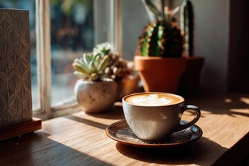 Fototapeta premium cozy café scene with latte art, bright window light, stock lifestyle photo