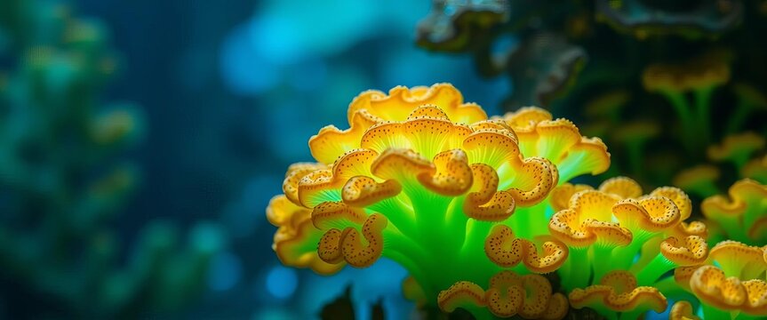 Vibrant teal and gold bioluminescent underwater fungi cluster, teal, gold