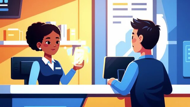 Flst vector of a friendly bank teller assisting a customer with their transaction at the counter with a bright and modern design
