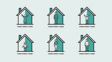 House Icons with Silhouetted Figures – Family Home, Residential Living, and Domestic Life Representation

