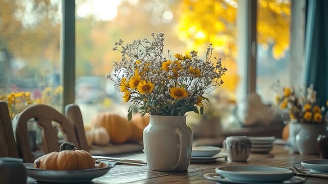 A simple setting with a vase of flowers on a wooden table, great for everyday use or as a decorative piece