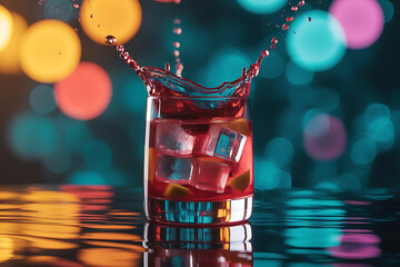 A close up photograph of a glass filled with a vibrant red liquid and ice cubes on bar background.