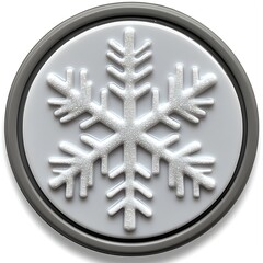 Circular button with a detailed white snowflake