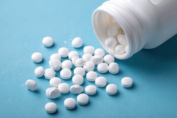 White pills spilling from a white bottle on a light blue surface