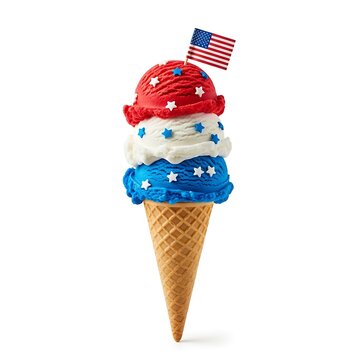 A patriotic ice cream cone boasts a delightful tricolor design, featuring red, white, and blue ice cream scoops adorned with star-shaped sprinkles.