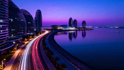 Nighttime cityscape with illuminated curved buildings and light trails along a waterfront road