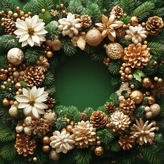 Circular Christmas wreath, gold & cream, on green