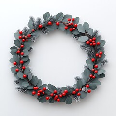 Circular Christmas wreath, grey foliage, red berries