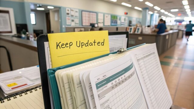 Organized workspace with a focus on a sticky note reading Keep Updated, highlighting productivity and office environment details